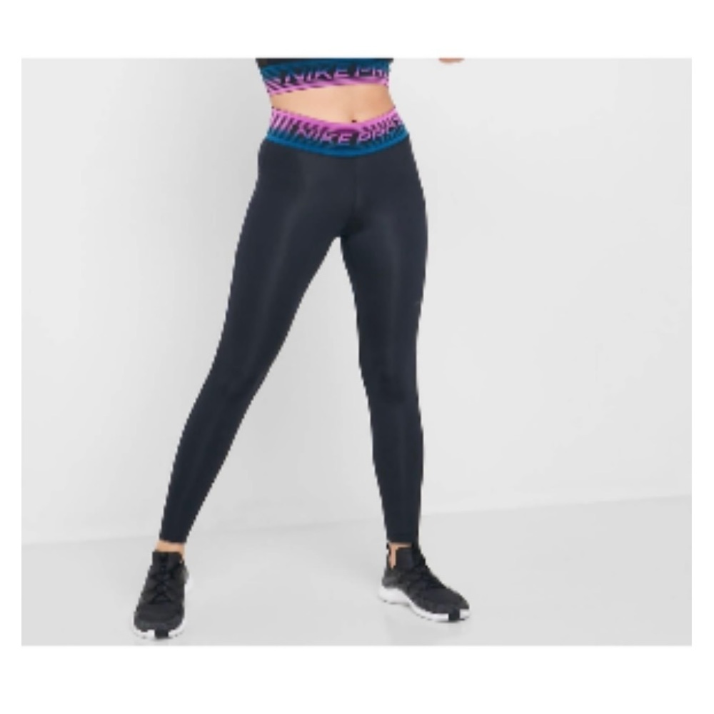 High-Waist Black Athletic Leggings with Pink & Blue Waistband